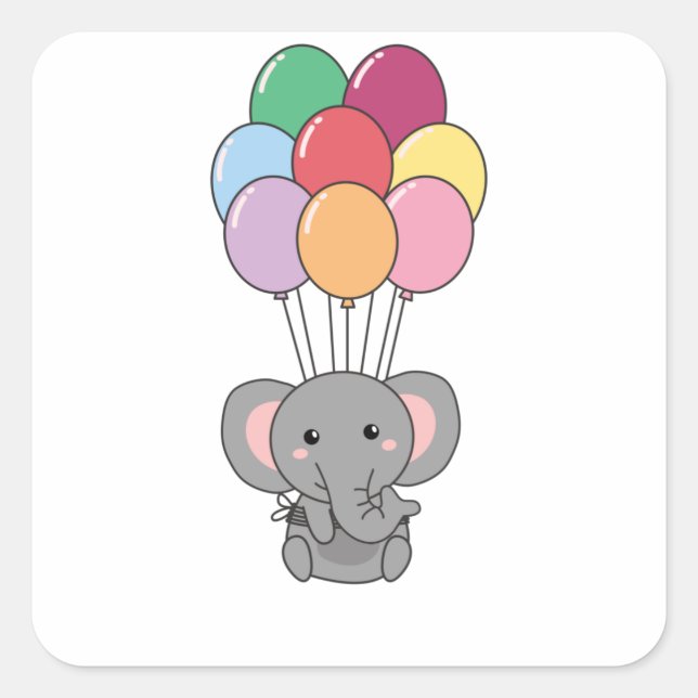 Pegatina Cuadrada Elefante vuela Con Globos Coloridos (Anverso)