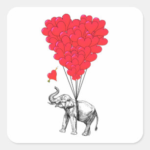 Pegatina Cuadrada Elefante y globos rojos del corazón