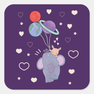 Pegatina Cuadrada Elefante y paseo en globo aerostático espacial de 