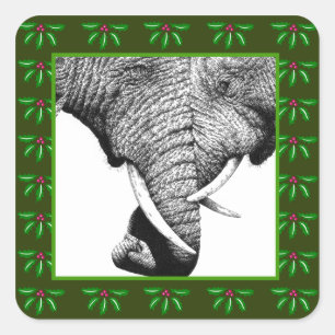 Pegatina Cuadrada Elefantes africanos Holly Leaf Christmas Sticker