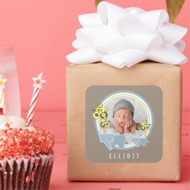 Pegatina Cuadrada Elefantes Azules de la familia del niño foto (Fiesta)