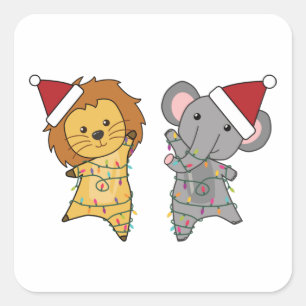 Pegatina Cuadrada Elefantes de León Navidades Lámparas de hadas anim