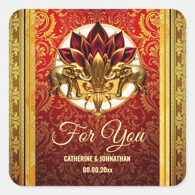 Pegatina Cuadrada Elefantes hindúes de flores de Lotus étnicos tradi (Anverso)