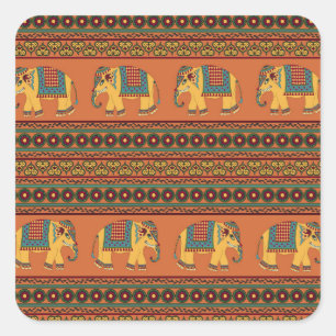 Pegatina Cuadrada Elefantes Indios, Naranjas Tradicionales Sin Marea