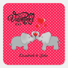 Pegatina Cuadrada Elefantes románticos y corazones rojos en puntos d