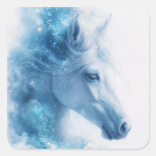 Pegatina Cuadrada Elegancia bajo las estrellas de un caballo blanco