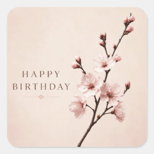 Pegatina Cuadrada Elegancia de Flor de Cerezo Cumpleaños