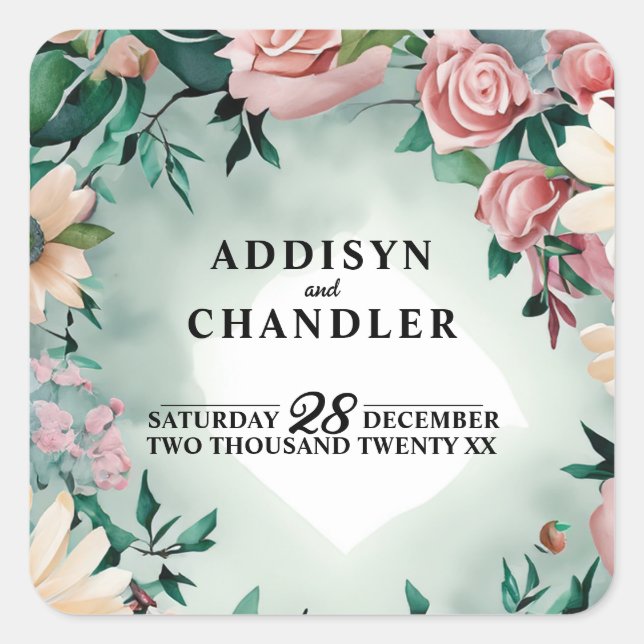 Pegatina Cuadrada Elegancia de flor pastel: Boda floral verde sabio (Anverso)