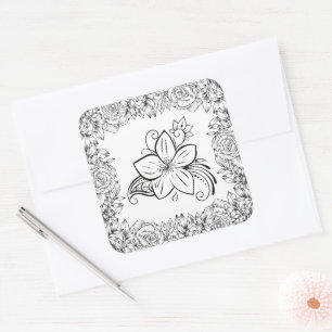 Pegatina Cuadrada Elegancia floral en blanco y negro
