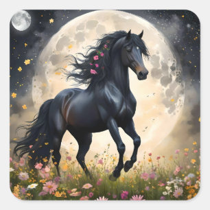 Pegatina Cuadrada Elegancia lunar: caballo negro de fantasía con lun