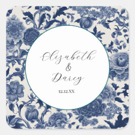 Pegatina Cuadrada Elegancia porcelana: Boda Floral Azul