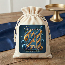 Pegatina Cuadrada Elegant 21st Birthday Blue Gold Glitter Stripes