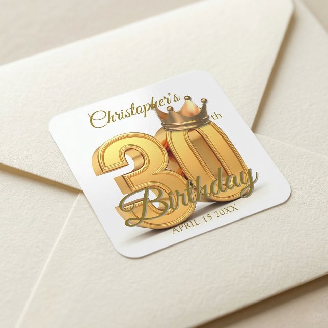 Pegatina Cuadrada Elegant 3D Gold Crown 30th Birthday Party (Subido por el creador)