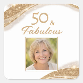 Pegatina Cuadrada Elegant 50 & Fabulous Gold Photo Birthday 