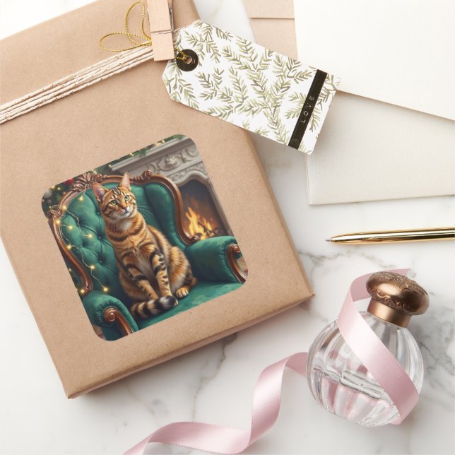 Pegatina Cuadrada Elegant Abyssinian Cat Regal Holiday Portrait Art (Regalar)