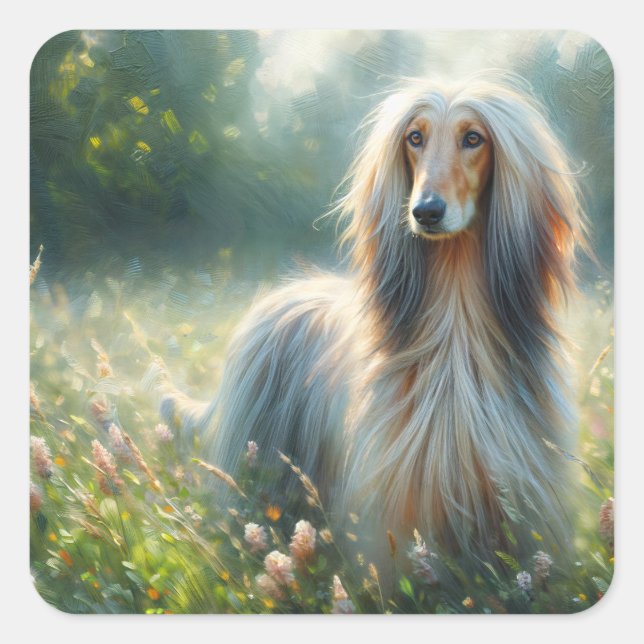 Pegatina Cuadrada Elegant Afghan Hound – Floral Meadow Painting (Anverso)