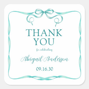 Pegatina Cuadrada Elegant Agradecimiento de Baby Shower con Cinta Aq