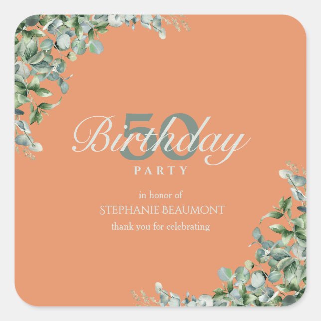 Pegatina Cuadrada Elegant Autumn Green Flower Women's 50th Birthday  (Anverso)