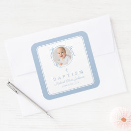 Pegatina Cuadrada Elegant Baby Blue Boy Photo Baptism