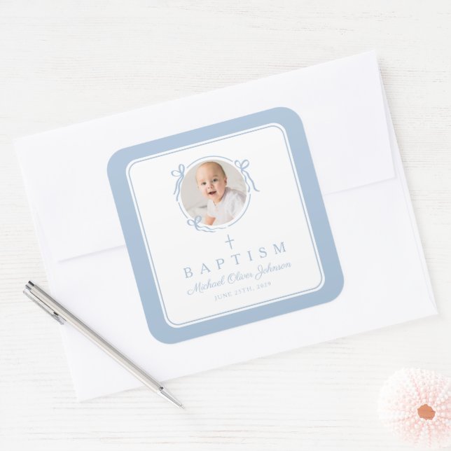 Pegatina Cuadrada Elegant Baby Blue Boy Photo Baptism (Sobre)