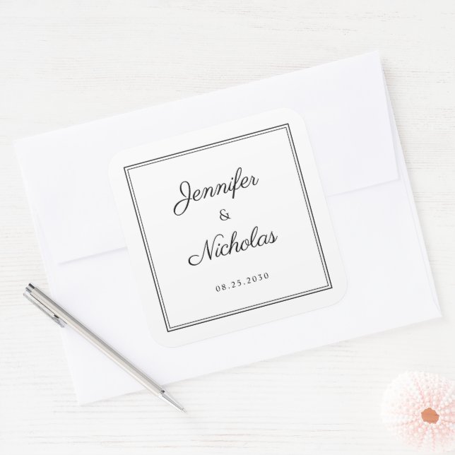 Pegatina Cuadrada Elegant  Black And White Script Wedding (Sobre)