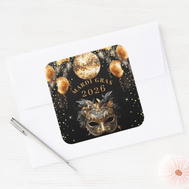 Pegatina Cuadrada Elegant Black Gold Glitter Mardi Gras 2026 (Sobre)
