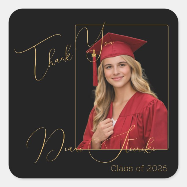 Pegatina Cuadrada Elegant Black & Gold Graduation Thank You  (Anverso)