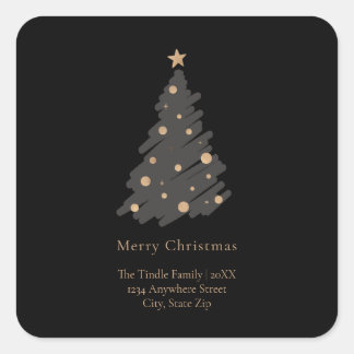 Pegatina Cuadrada Elegant Black Grey Gold Script Christmas Tree