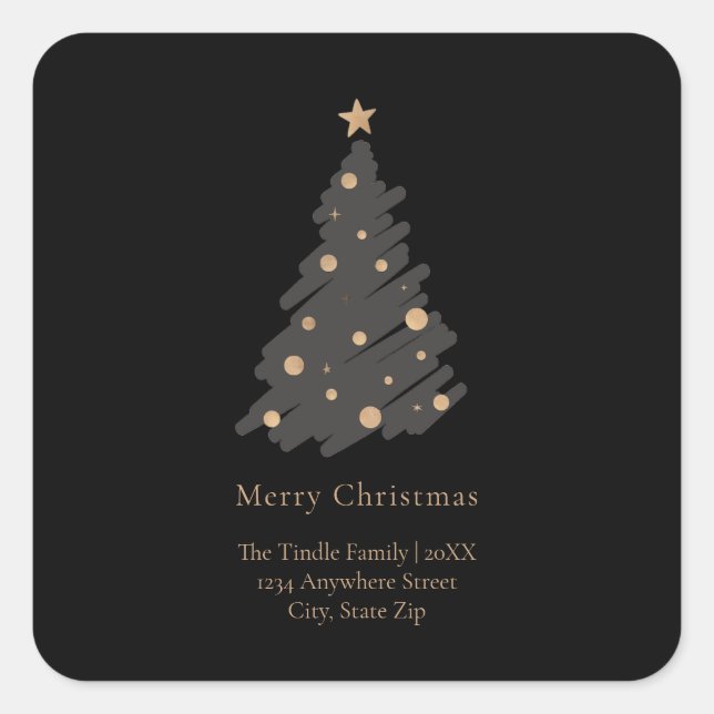 Pegatina Cuadrada Elegant Black Grey Gold Script Christmas Tree (Anverso)