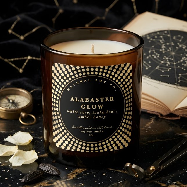 Pegatina Cuadrada Elegant Black Shiny Gold Circle Soy Bean Candle (Elegant Black Shiny Gold Circle Soy Bean Candle Square Sticker)