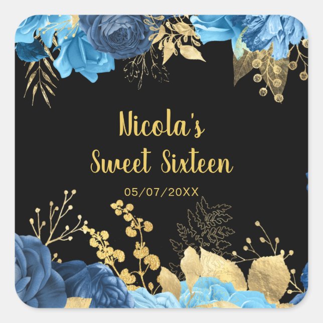 Pegatina Cuadrada Elegant Blue and Gold Flowers Sweet Sixteen (Anverso)