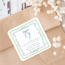 Pegatina Cuadrada Elegant Blue Bow Bridal Shower Thank You