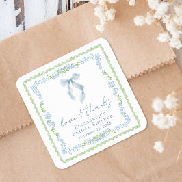 Pegatina Cuadrada Elegant Blue Bow Bridal Shower Thank You