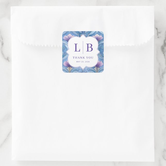 Pegatina Cuadrada Elegant Blue Floral Initials (Bolso)