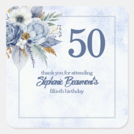 Pegatina Cuadrada Elegant Blue Florals Women's 50th Birthday Party