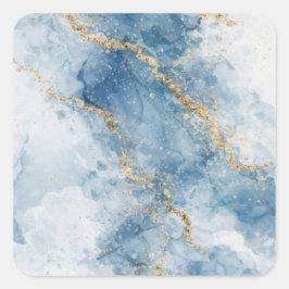 Pegatina Cuadrada Elegant Blue Gold Glitter Abstract Flow           