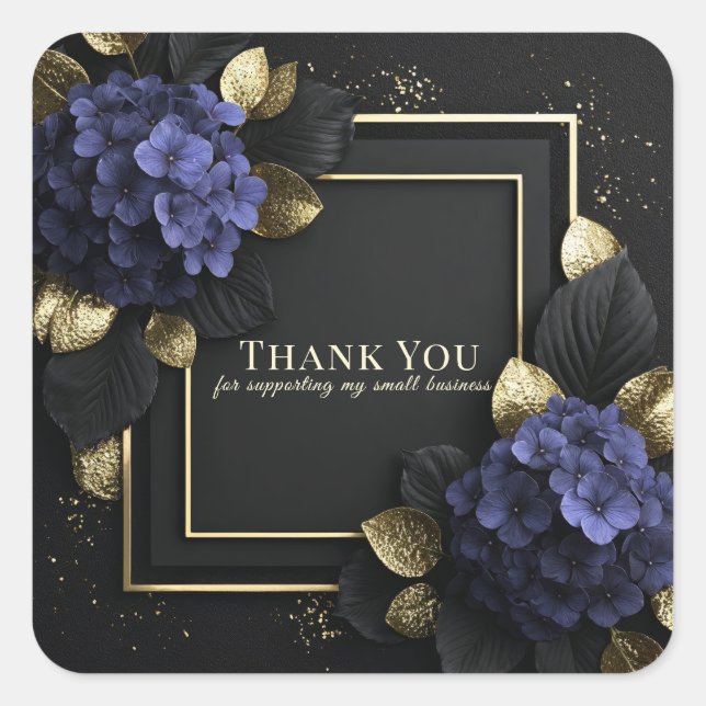 Pegatina Cuadrada Elegant Blue Hydrangea Black and Gold Leaf Floral (Anverso)
