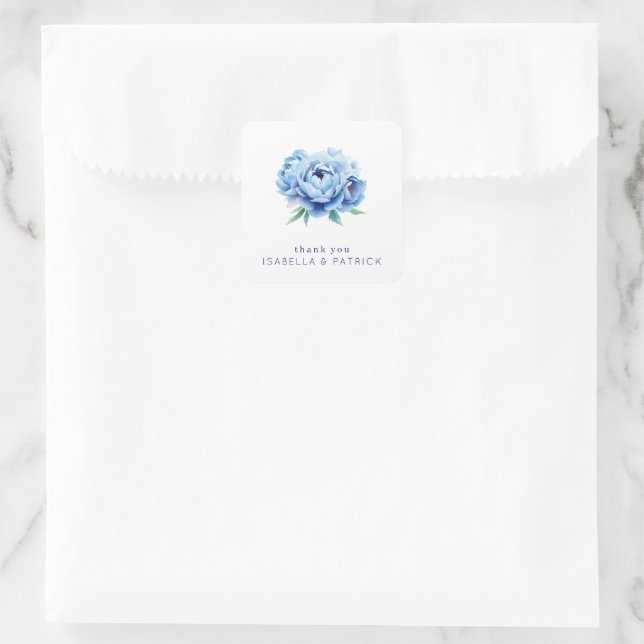 Pegatina Cuadrada Elegant Blue Peony Thank You Card (Bolso)