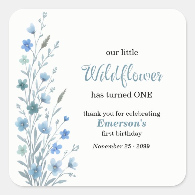 Pegatina Cuadrada Elegant Blue Wildflower 1st Birthday Party (Anverso)