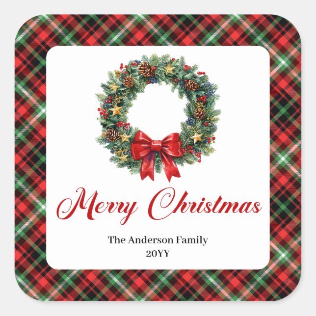 Pegatina Cuadrada Elegant Christmas Wreath Red Green Plaid Stickers (Anverso)