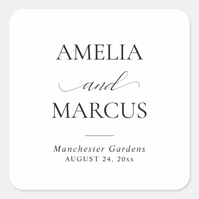 Pegatina Cuadrada Elegant Classic Script Calligraphy Wedding (Anverso)