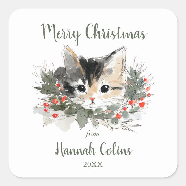 Pegatina Cuadrada Elegant Cute Calico Kitten Minimalist Christmas (Anverso)
