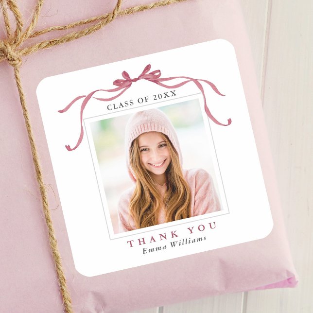 Pegatina Cuadrada Elegant Deep Blush Bow Graduation Photo Thank You  (Subido por el creador)
