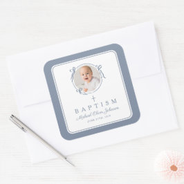 Pegatina Cuadrada Elegant Dusty Blue Boy Photo Baptism