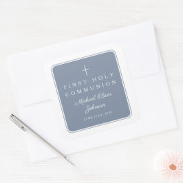 Pegatina Cuadrada Elegant Dusty Blue Cross Boy First Communion