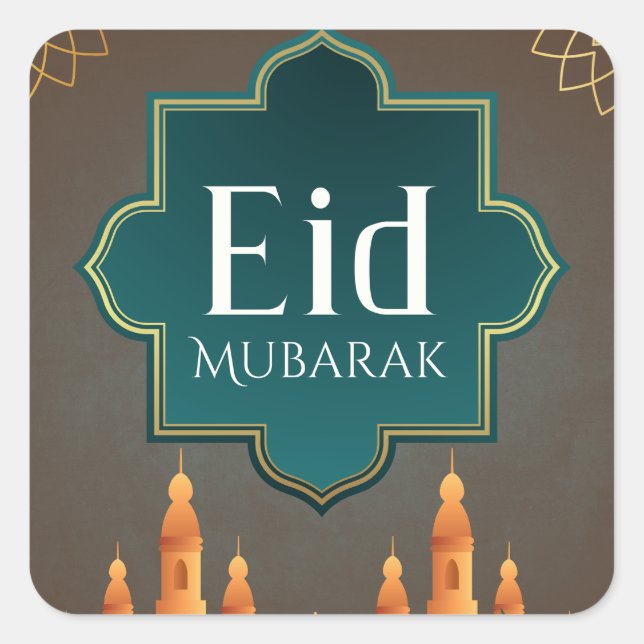 Pegatina Cuadrada Elegant Eid Mubarak Mosque Skyline Art (Anverso)