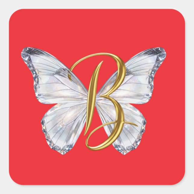 Pegatina Cuadrada Elegant Floral Butterfly Letter B - Artistic Monog (Anverso)