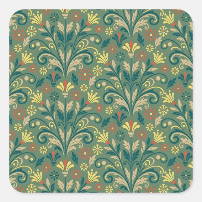 Pegatina Cuadrada Elegant Floral Pattern in Yellow and Red on Green (Anverso)