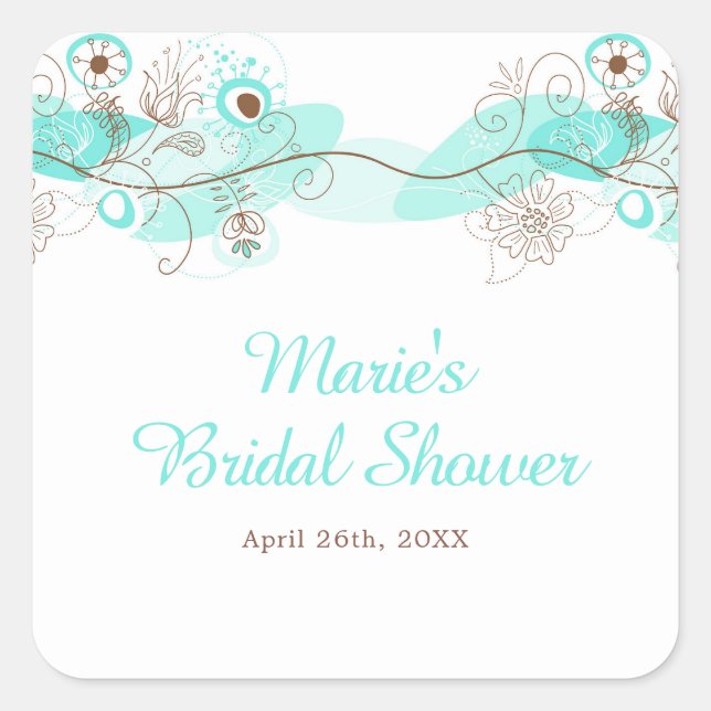 Pegatina Cuadrada Elegant Floral Twist Bridal Shower in Turquoise (Anverso)