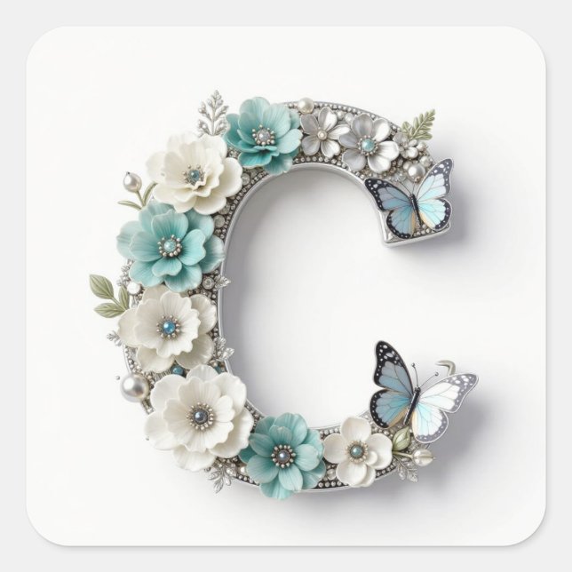 Pegatina Cuadrada Elegant Floral Your Monogram C Paper Stickers (Anverso)